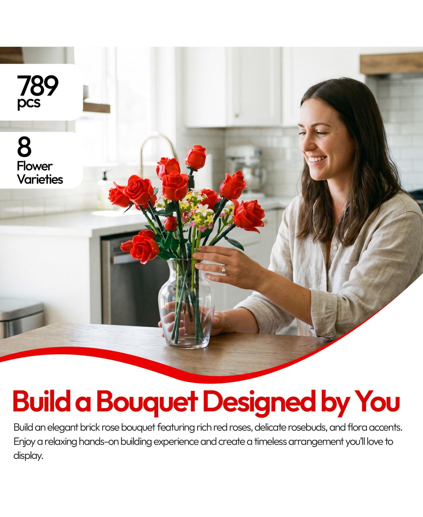 Детский конструктор Contixo BK09 Rose Bouquet Building Set, 789-Piece Red Rose Floral Brick Kit with Adjustable Stems, Romantic Home Décor Gift for Kids & Adults Ages 8+, цвет: Красный — фото 10