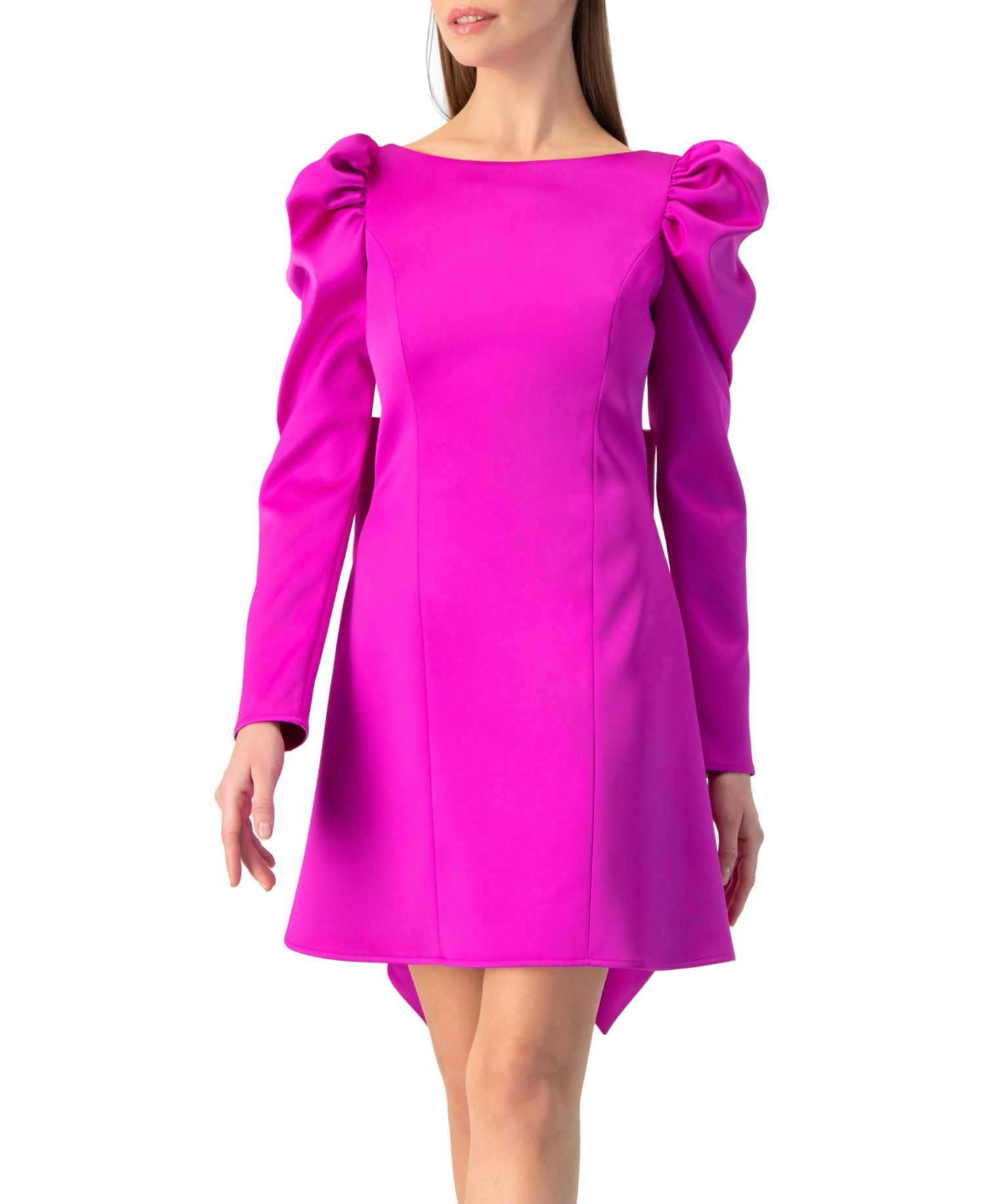 Women's Puff-Sleeve Open-Back Bow Mini Dress in Satin