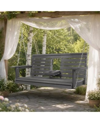 5 Ft Poly Lumber 3-Seat Porch Swing, HIPS Bench Swing with Foldable Cup Holders,High Backrest and Deep Contoured Seat