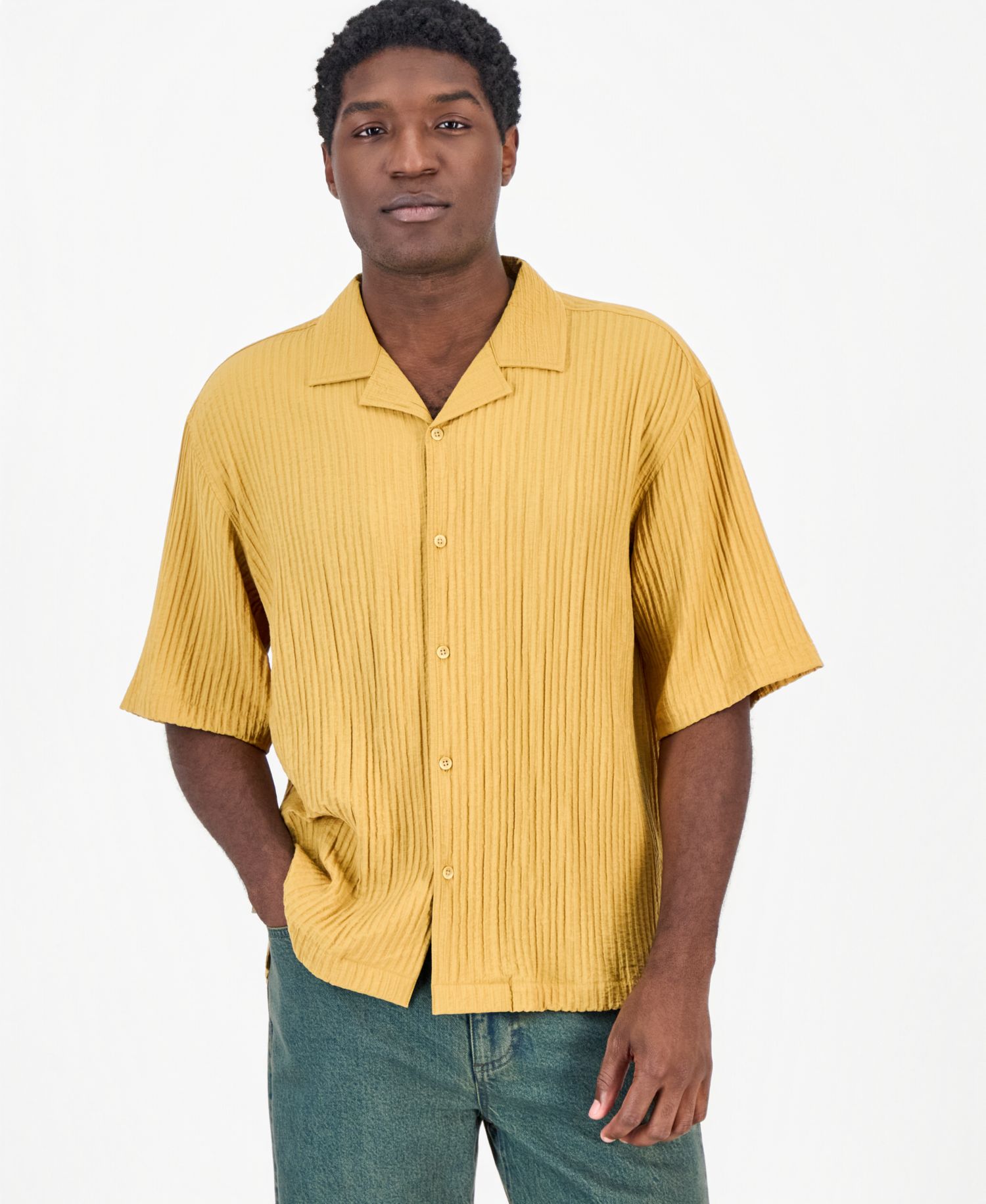 Men's Bxy Short-Sleeve Striped Camp Collar Shirt