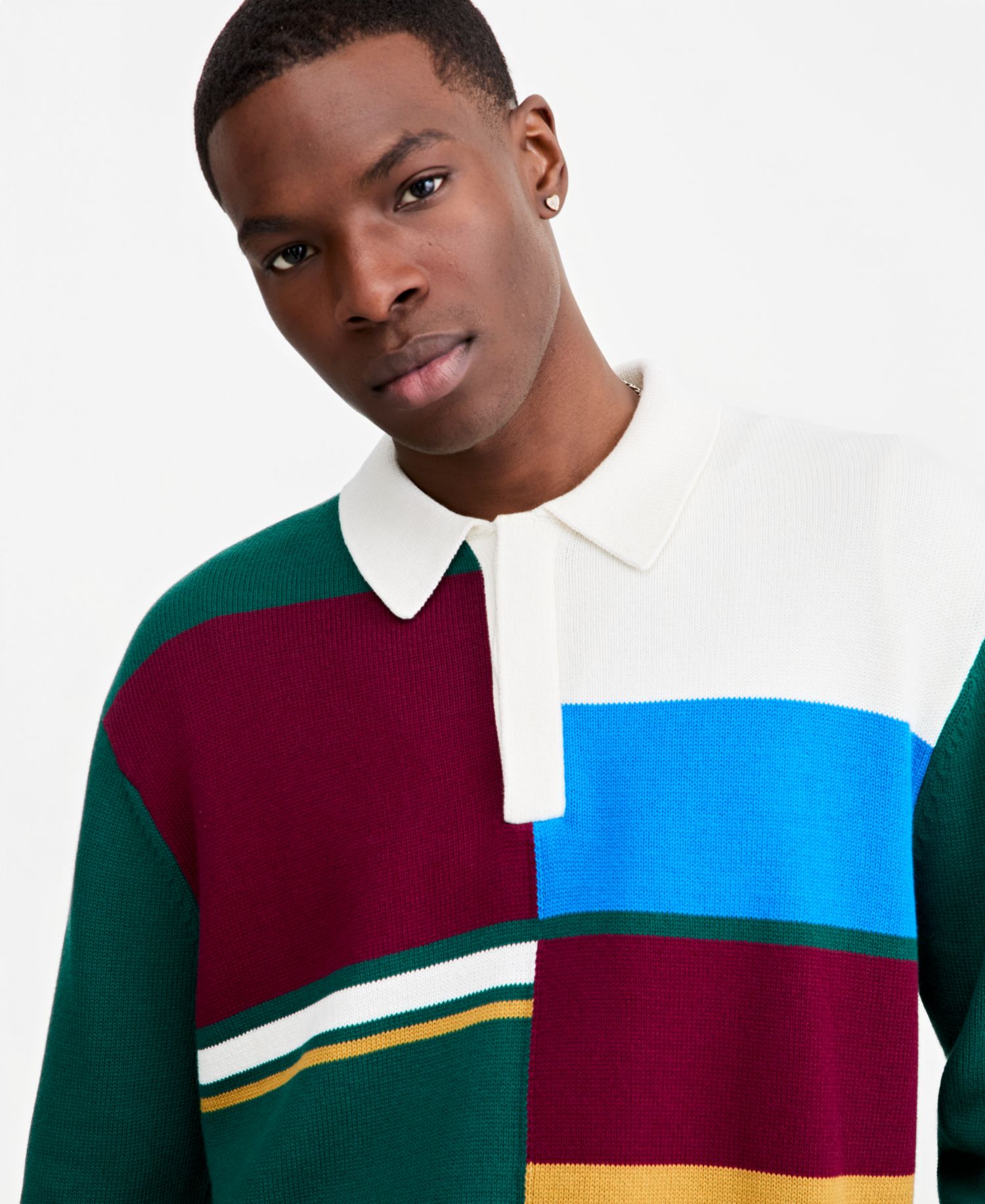 Men's Spliced Long-Sleeve Relaxed-Fit Polo Shirt
