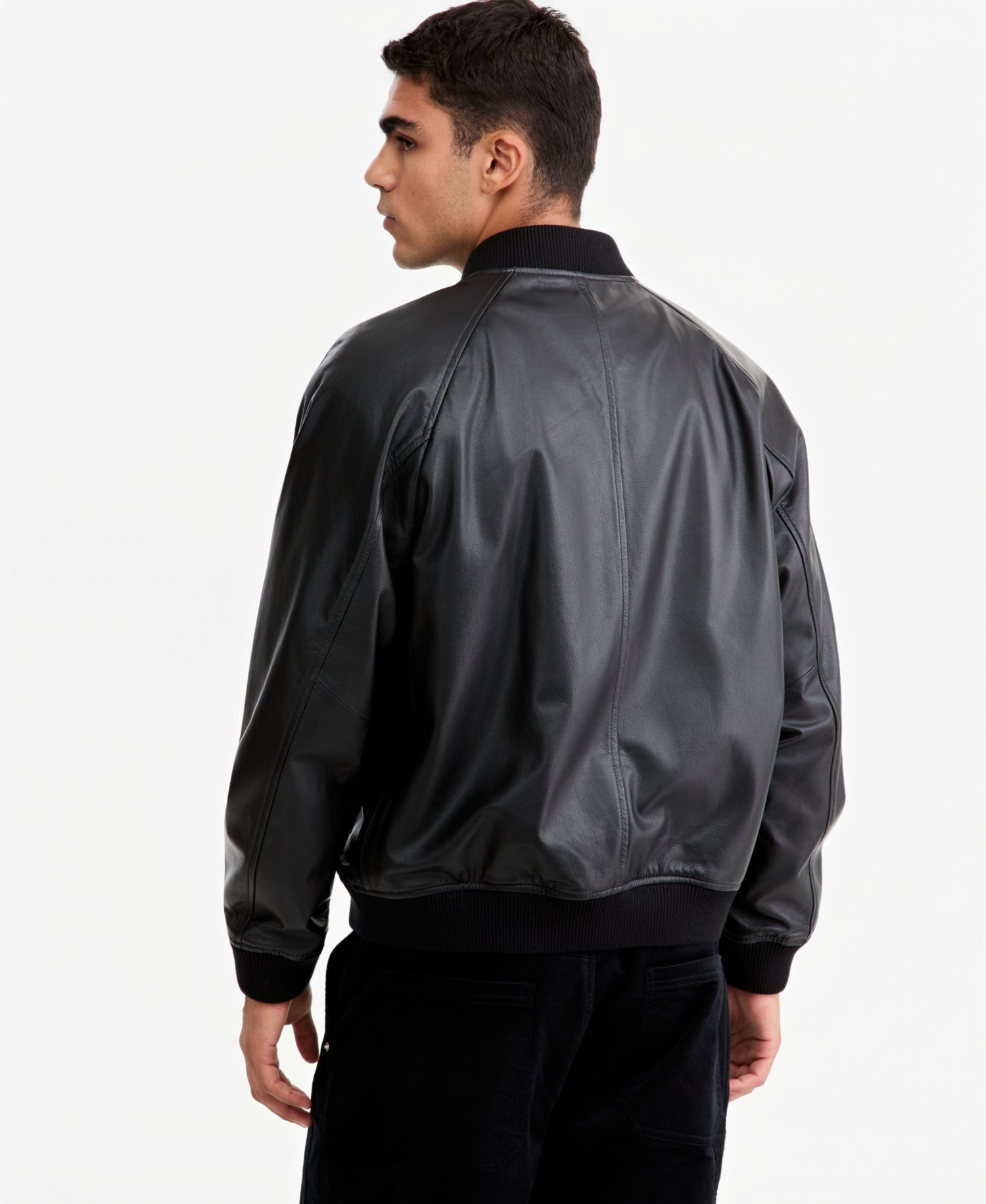 Men's Relaxed-Fit Ribbed Leather Bomber Jacket