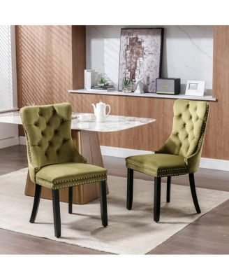 Upholstered Dining Chairs , Beige Velvet Upholstery High-Back Side Chairs, Tufted Nailhead-Trim Dining Chairs with Solid Wood Legs