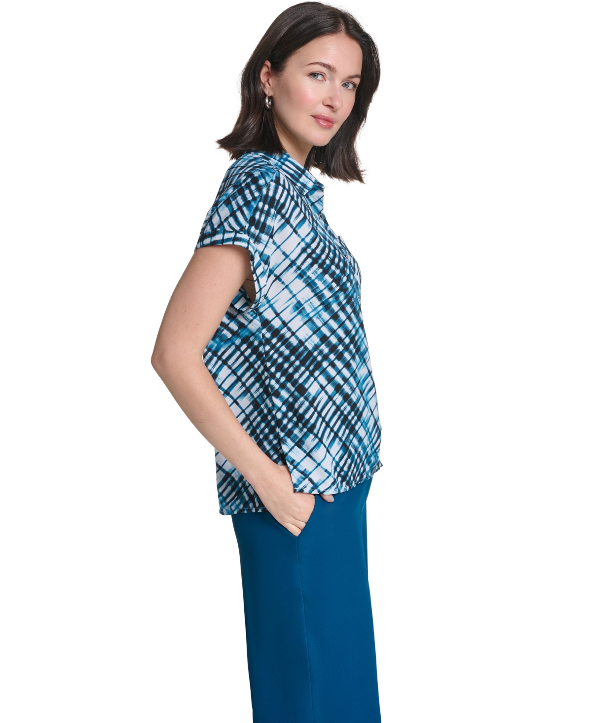Calvin Klein Women's Collared Button-Front Short-Sleeve Blouse