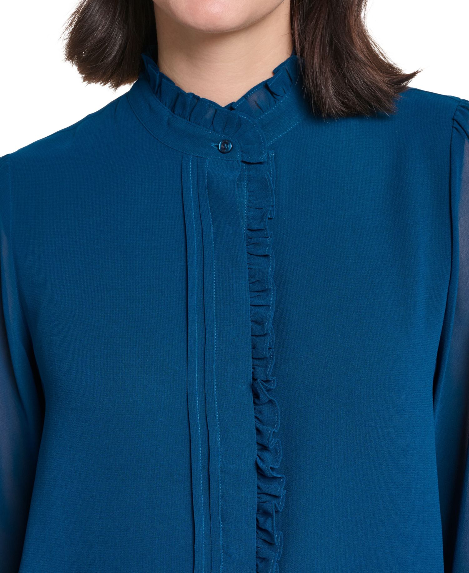 Women's Long-Sleeve Mock Neck Ruffle Front Blouse
