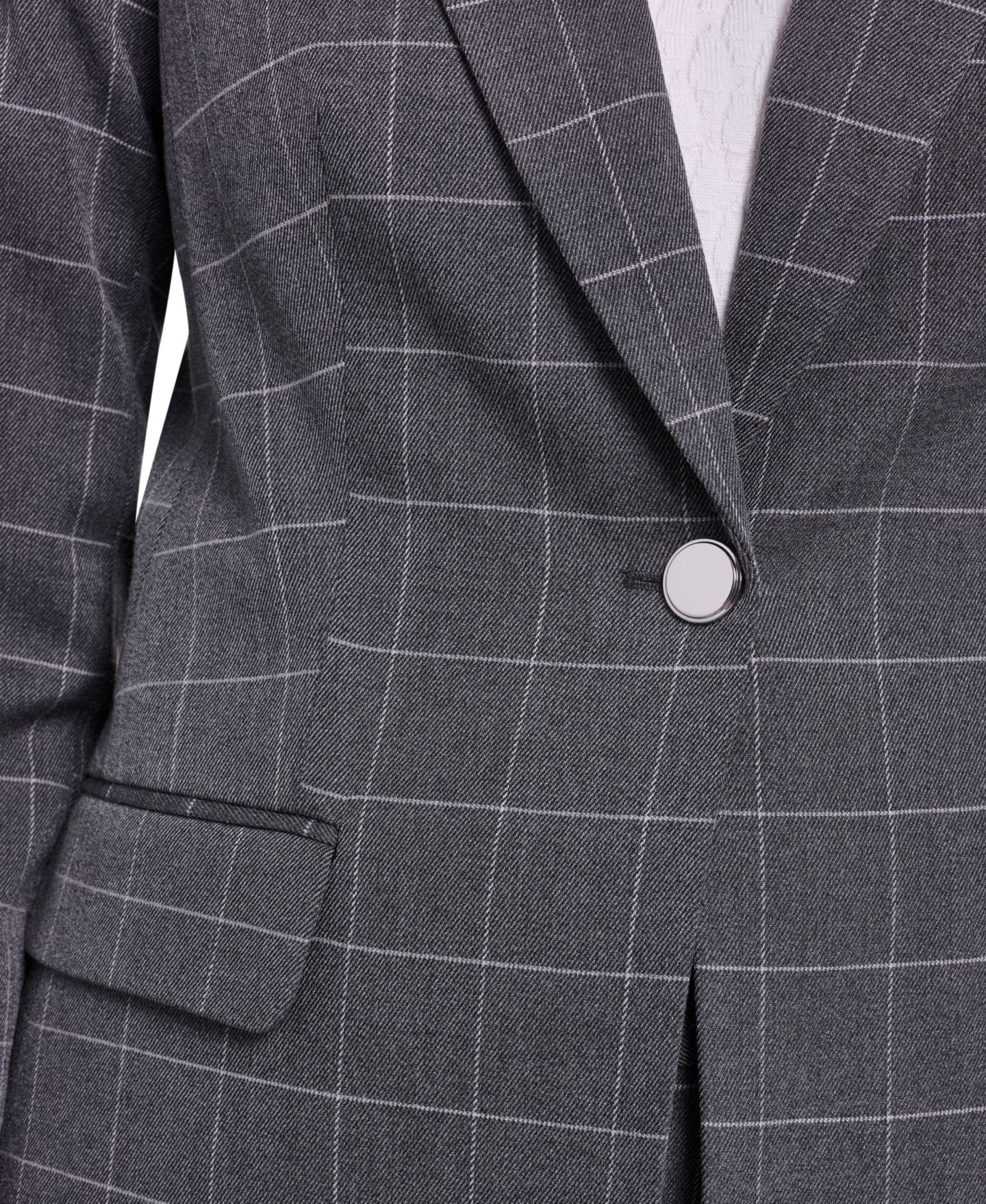 Женский пиджак Calvin Klein Plaid Long-Sleeve One-Button Notch Lapel Blazer, цвет: Меланжевый угольный кремовый — фото 4