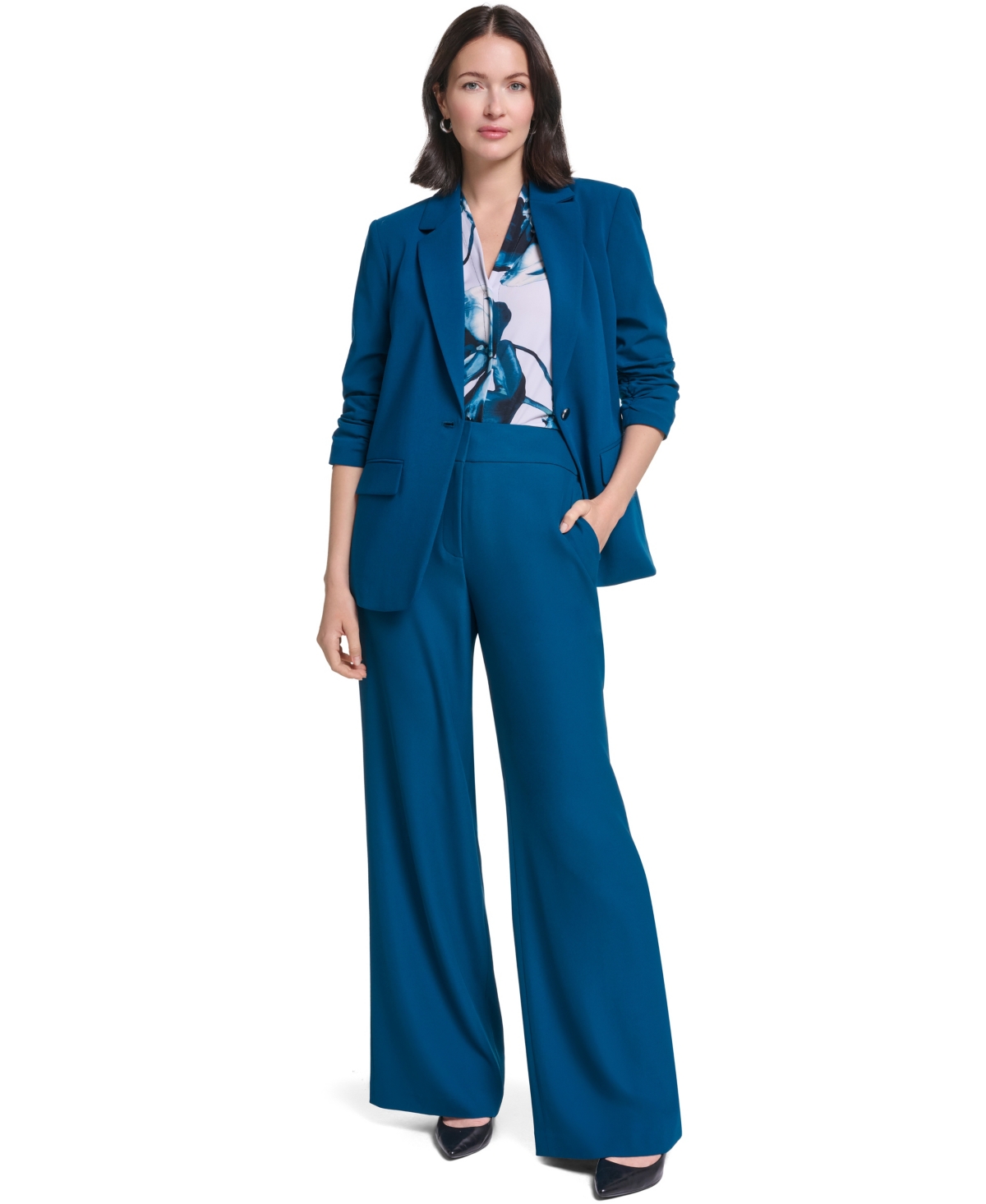 Calvin Klein Women's Ruched 3/4-Sleeve Notch Collar One-Button Jacket