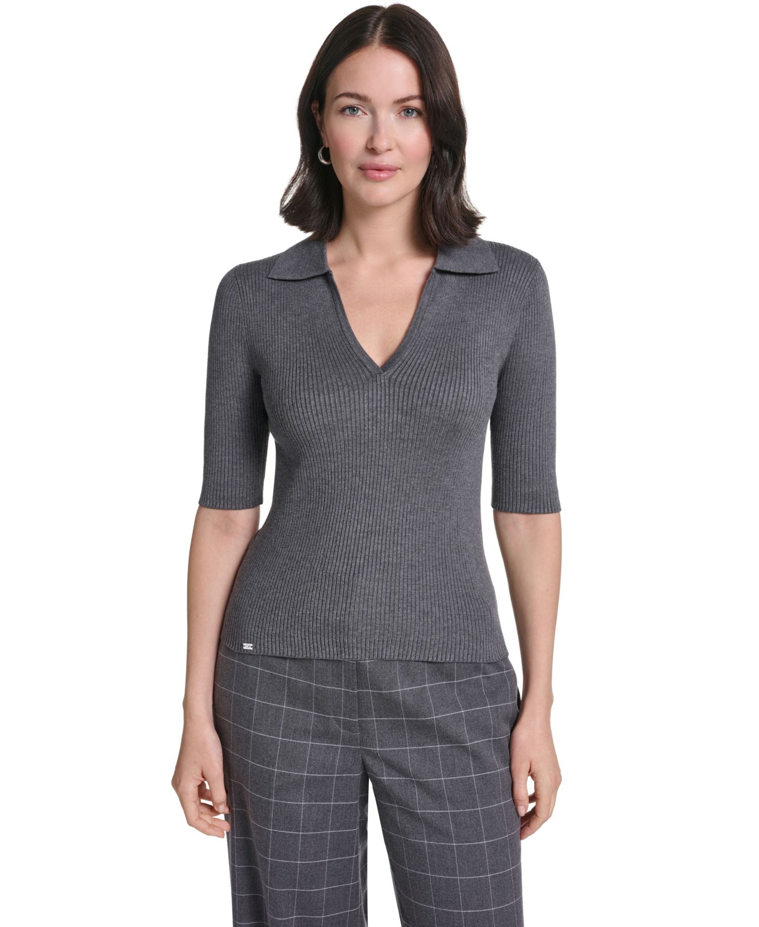 Women's Collared 3/4-Sleeve Ribbed-Knit Top