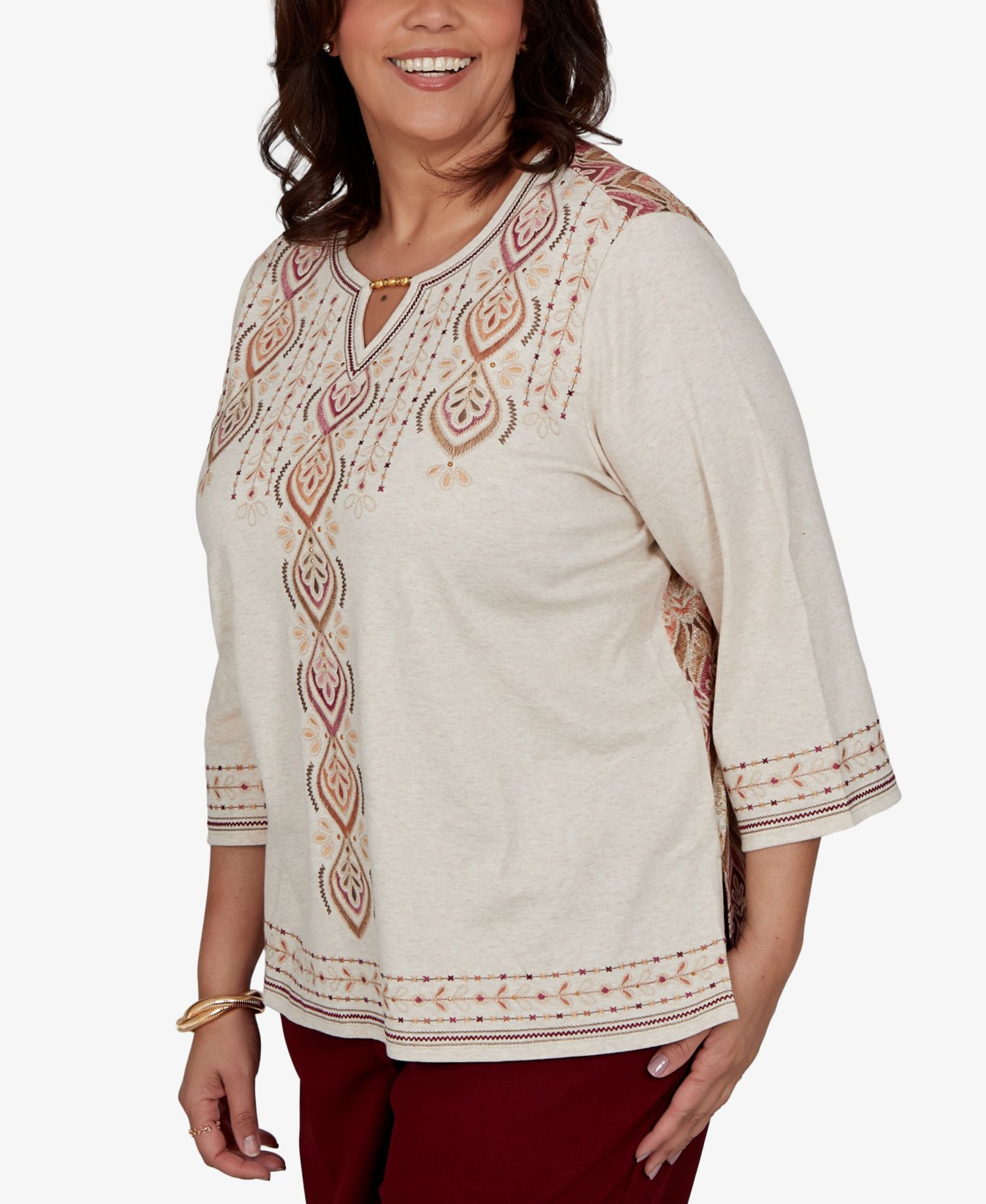 Plus Size Embroidered Medallion Keyhole Neck 3/4-Sleeve Top