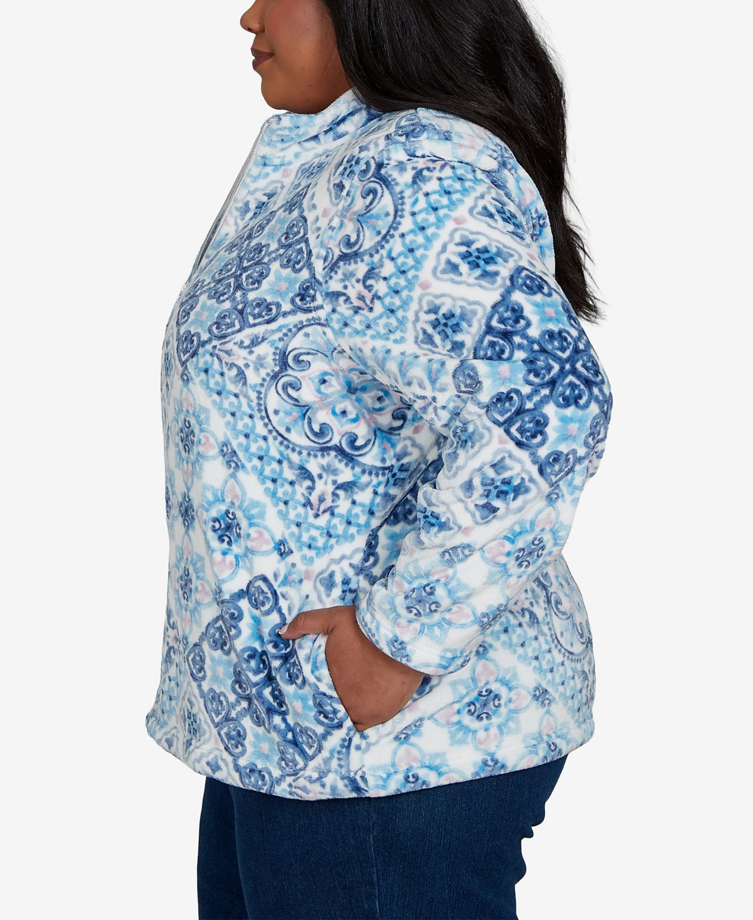 Plus Size Classic Soft Medallion Fleece Geometric-Print Zip-Front Jacket