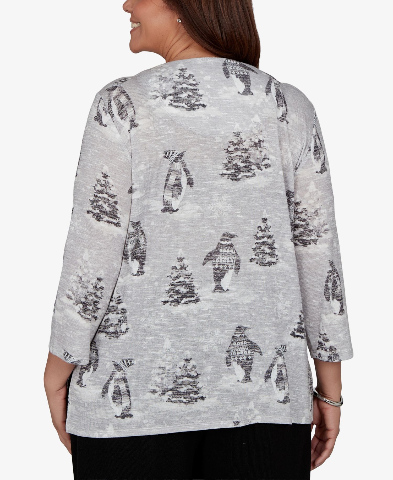 Plus Size Classic Penguins and Trees 3/4 Sleeve Holiday Knit Top