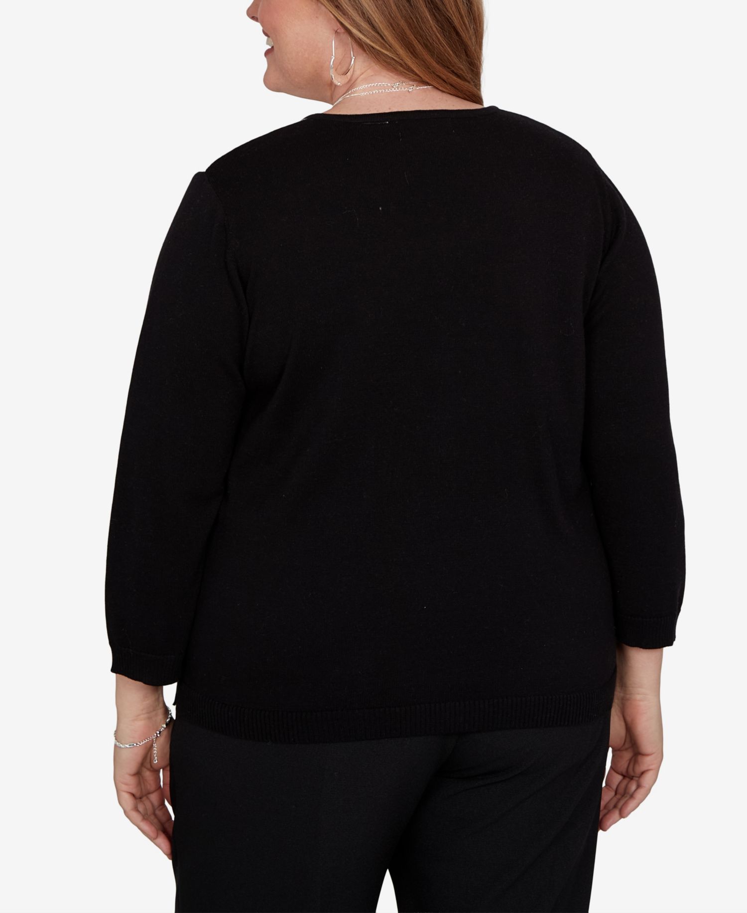 Plus Size Argyle Beaded 3/4-Sleeve Cotton-Blend Sweater