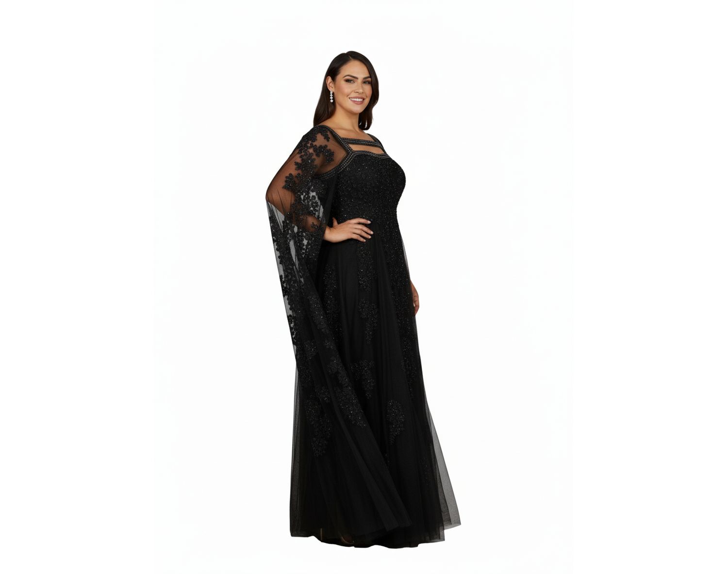 Women's Embroidered gown with long cape sleeves