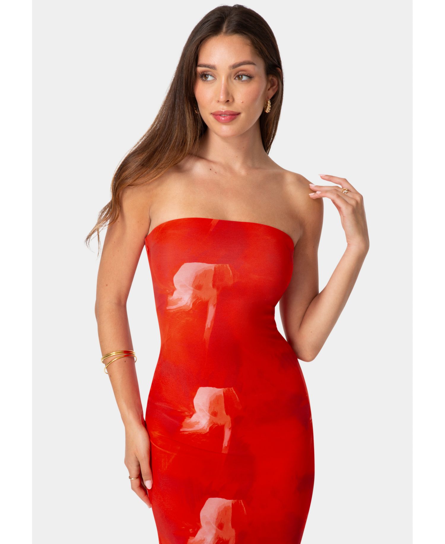 Women's Printed Mesh Strapless Maxi Dress