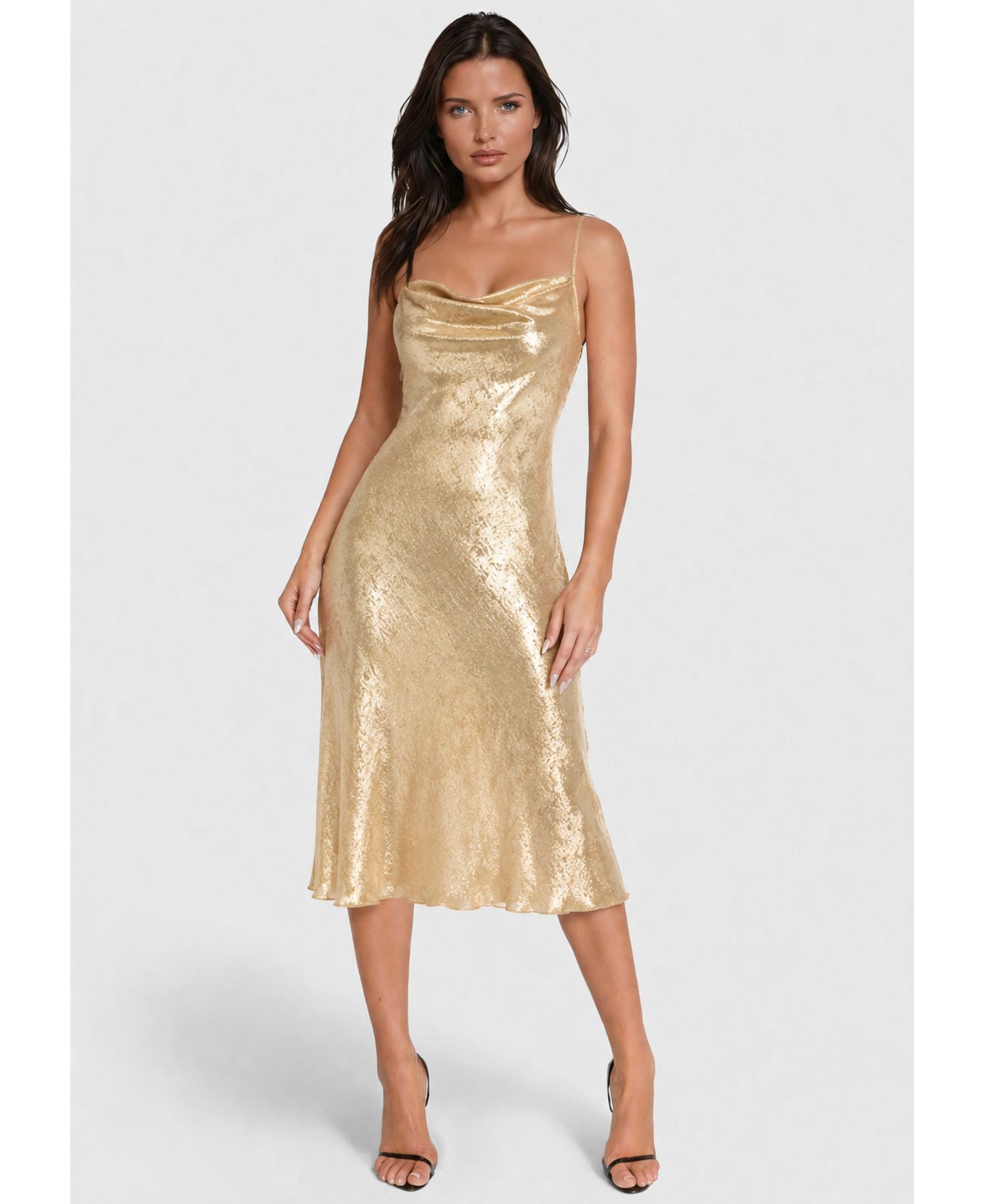 Women's Foil Finish Cowl Neck Midi Slip Dress