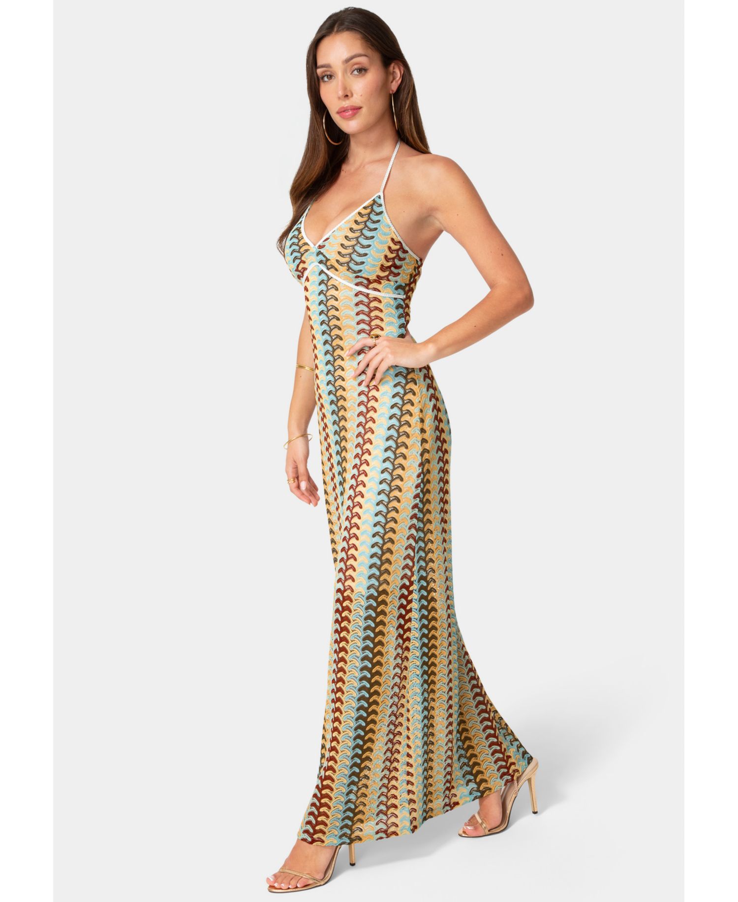 Women's Crochet Stripe Halter A-Line Maxi Dress