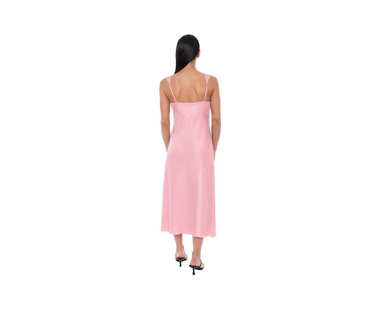Women's Crushed Satin Slip Midi Lace-Trimmed V-Neck Dress