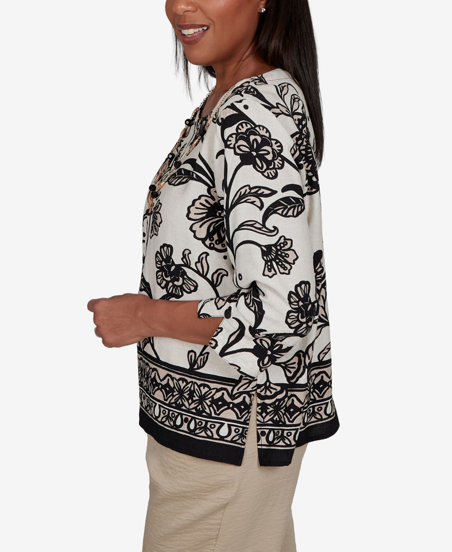 Petite Travel Advisory Scroll Border 3/4-Sleeve Floral Top