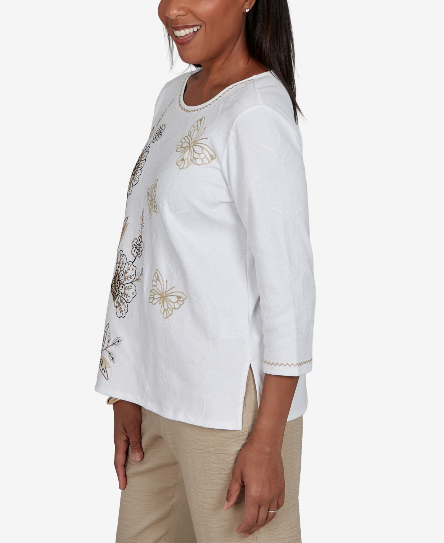 Petite Floral Embroidered 3/4-Sleeve Top