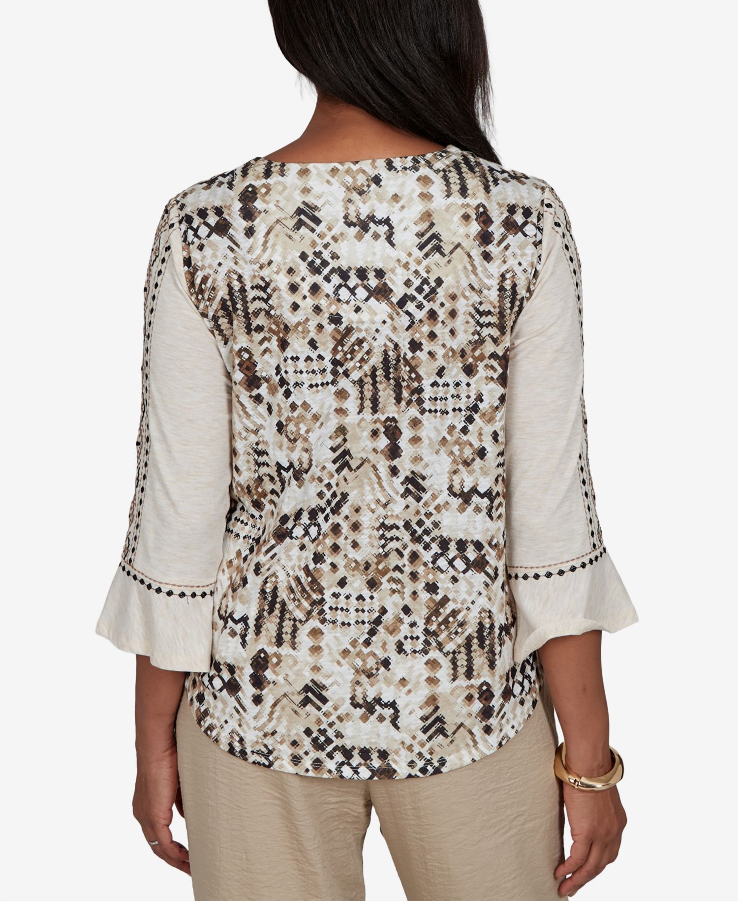 Petite Travel Advisory Geometric-Embroidered 3/4-Sleeve Henley Top