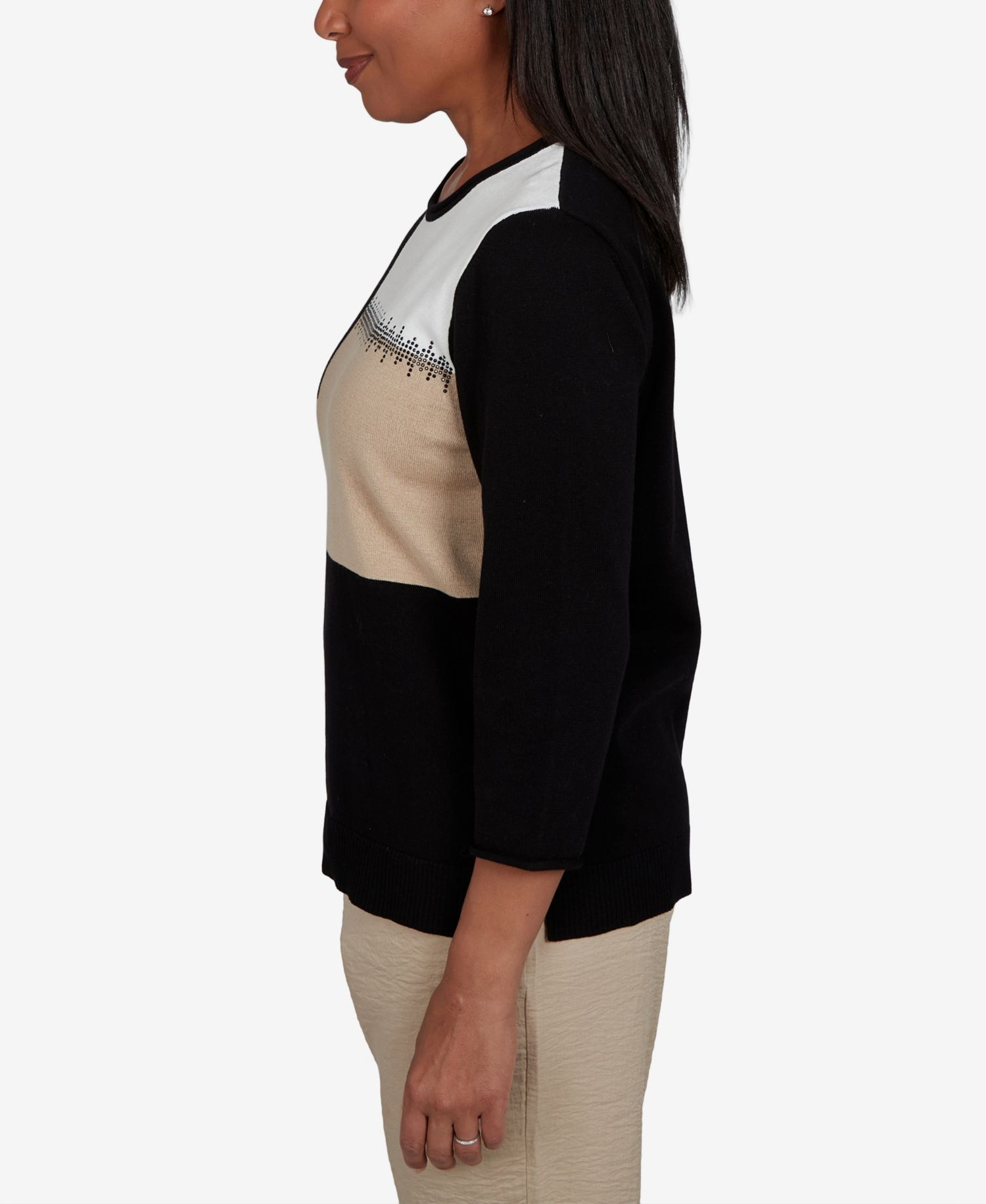 Petite Travel Advisory Colorblock 3/4-Sleeve Embellished Sweater