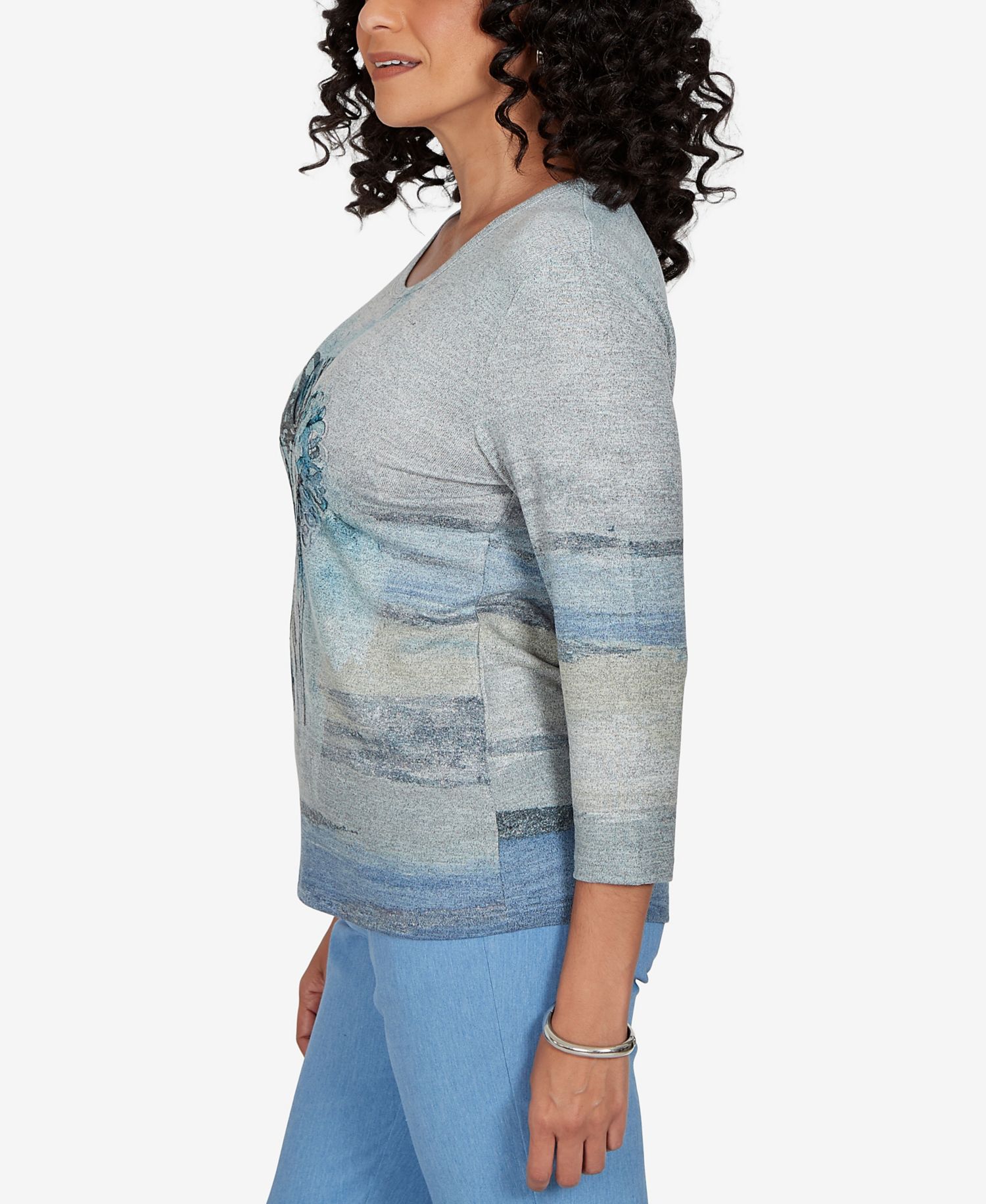 Petite Provence Floral-Print 3/4-Sleeve Lace Blouse