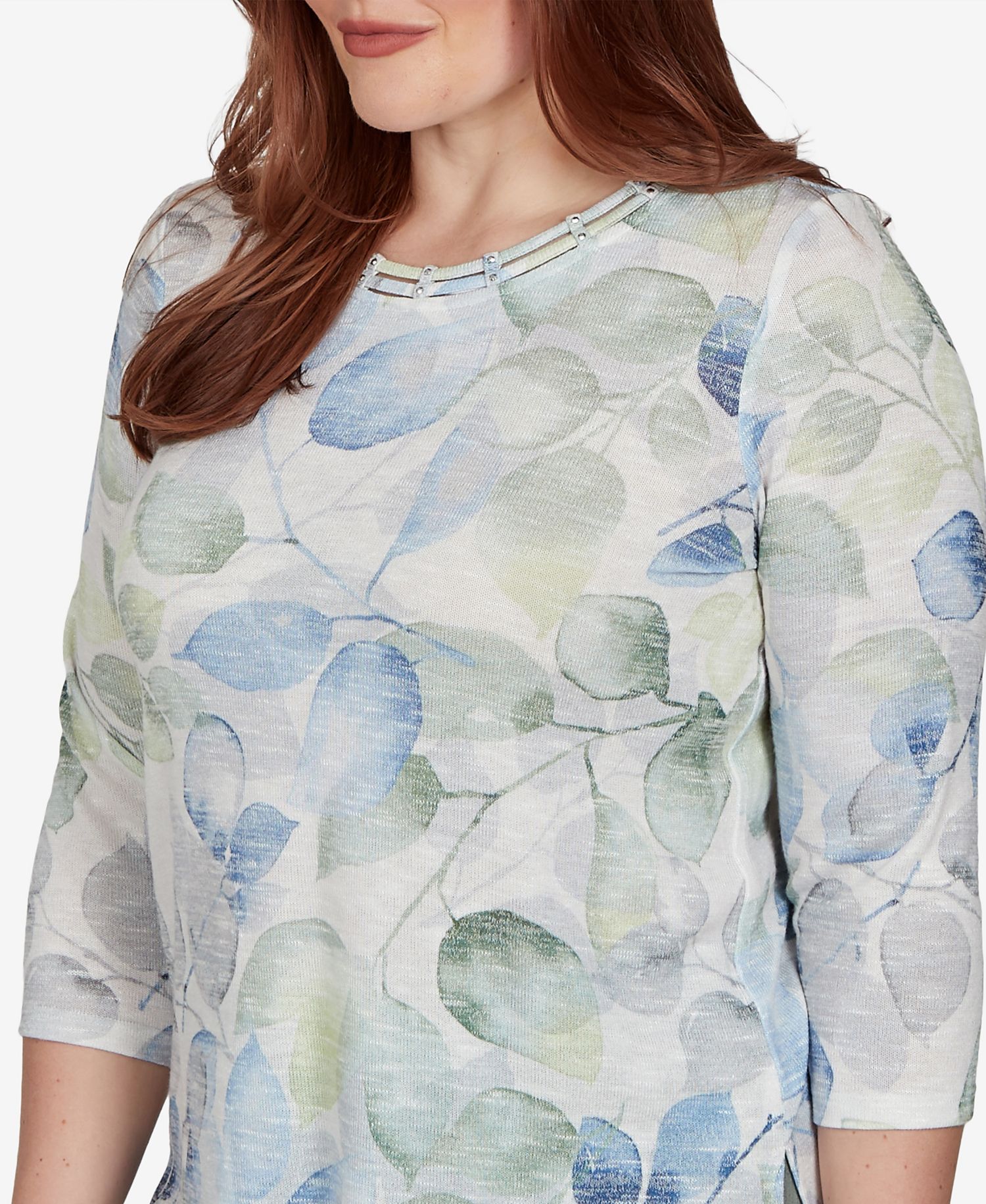 Petite Provence Watercolor Leaf Print 3/4 Sleeve Top