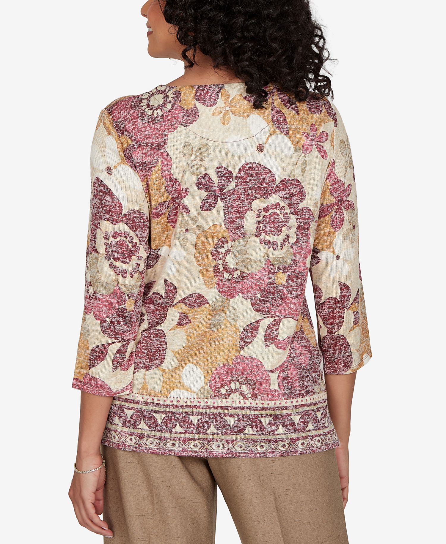 Petite Union Square Exploded Floral Geo Border 3/4-Sleeve Top