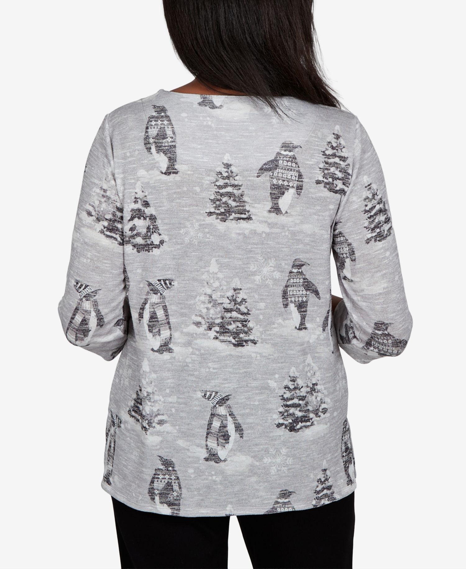Petite Classic Penguins and Trees 3/4-Sleeve Holiday Knit Top