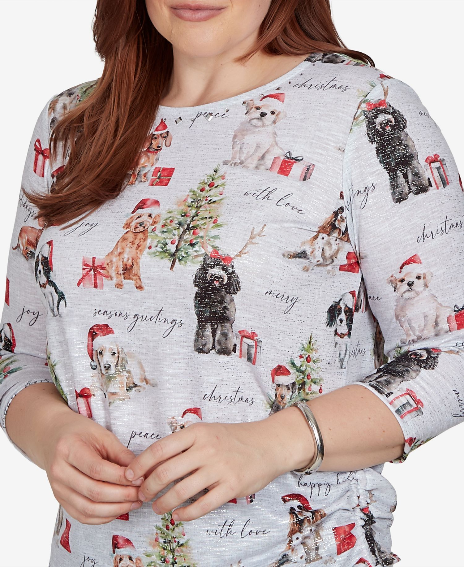 Petite Classic Gift Giving Dogs Holiday 3/4 Sleeve Knit Top