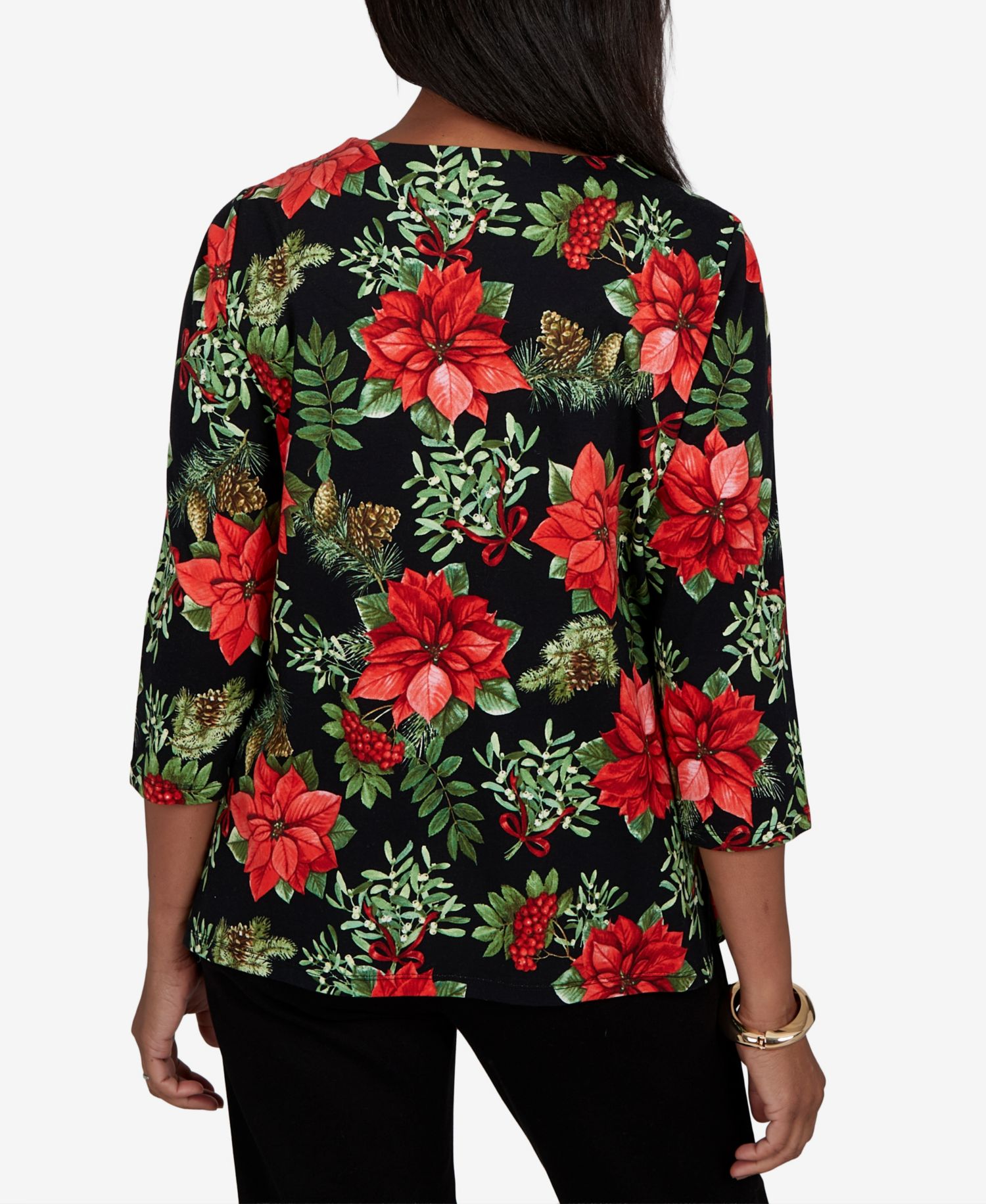 Petite Cardinals On Branches 3/4-Sleeve Floral-Print Top