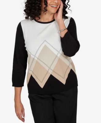 Petite Classic Argyle Beaded 3/4-Sleeve Sweater