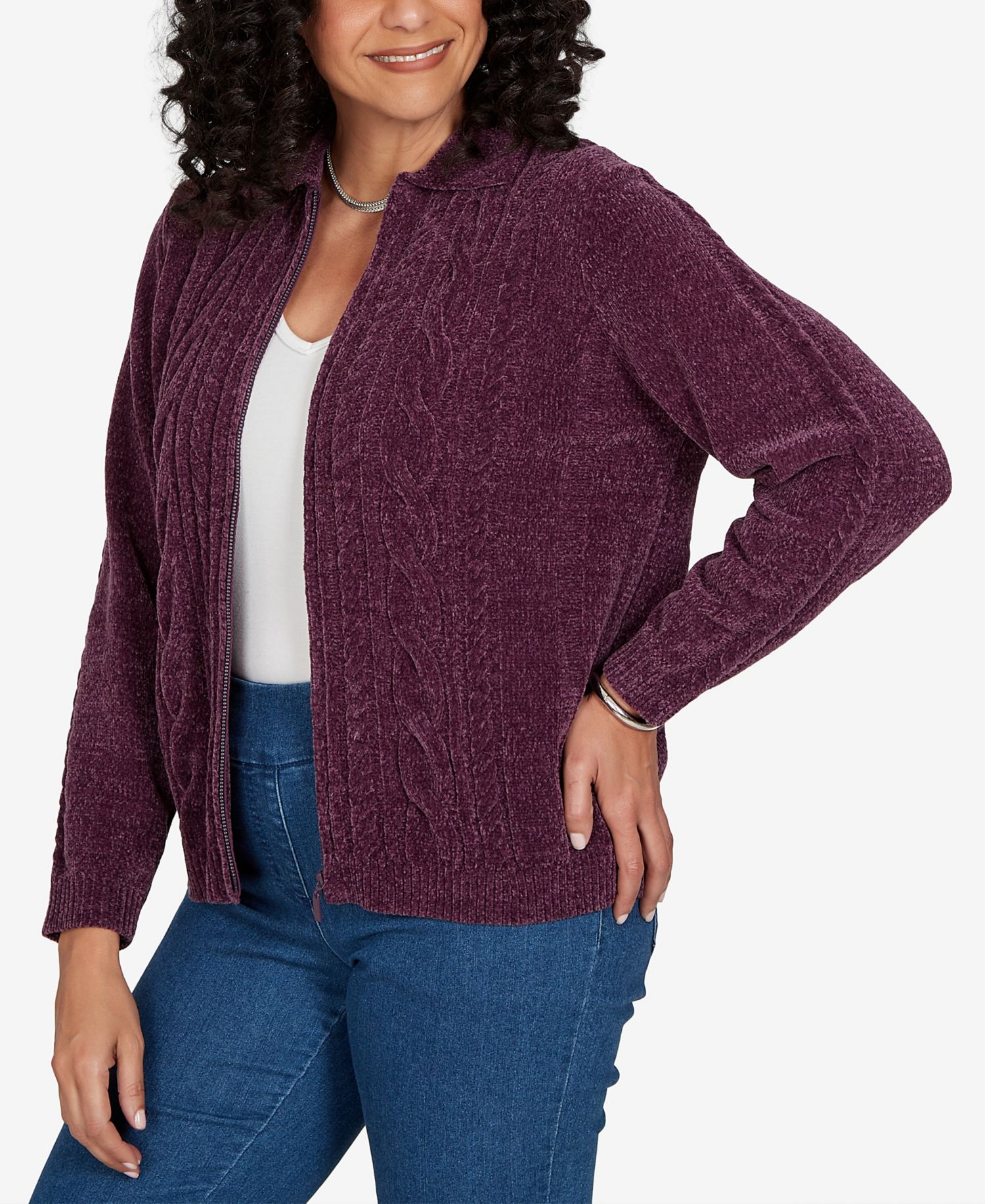 Petite Cable Knit Full-Zip Collared Cardigan