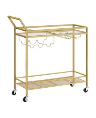 Rolling Bar Cart with Wine Rack, Glass Holder, Guardrail and Storage Shelves