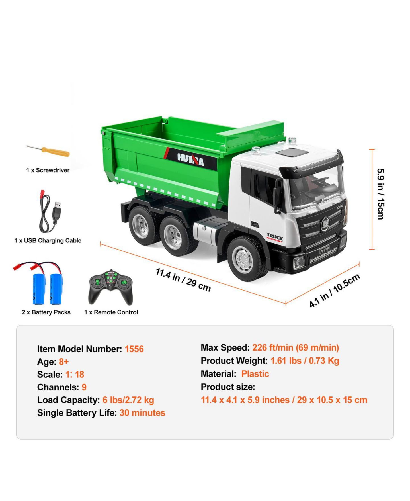 Детская игрушка SEVORLEY 1:18 Scale 9-Channel 4WD Remote Control Dump Truck, цвет: Зелёный / Белый — фото 4