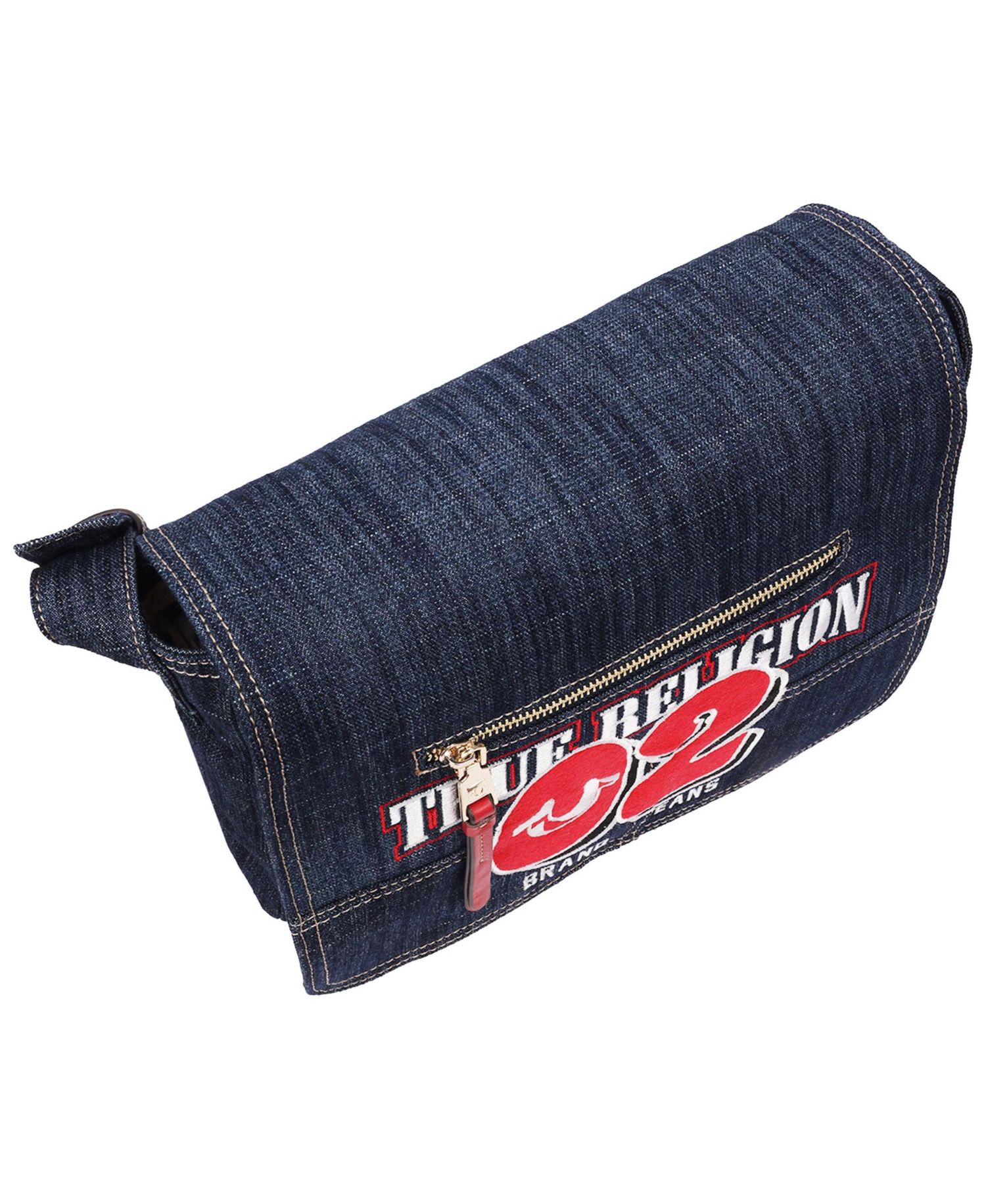Women's Varsity Logo Zip Pocket Denim Messenger Bag – Dark Denim Crossbody Bag