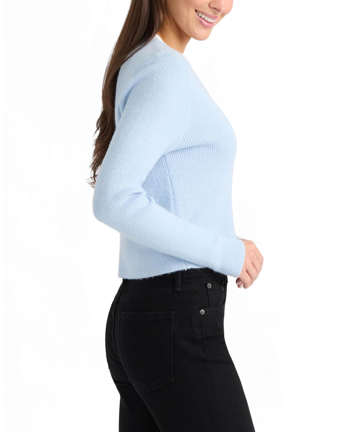 Women's Lace Trim V-Neckline Ribbed-Knit Cardigan