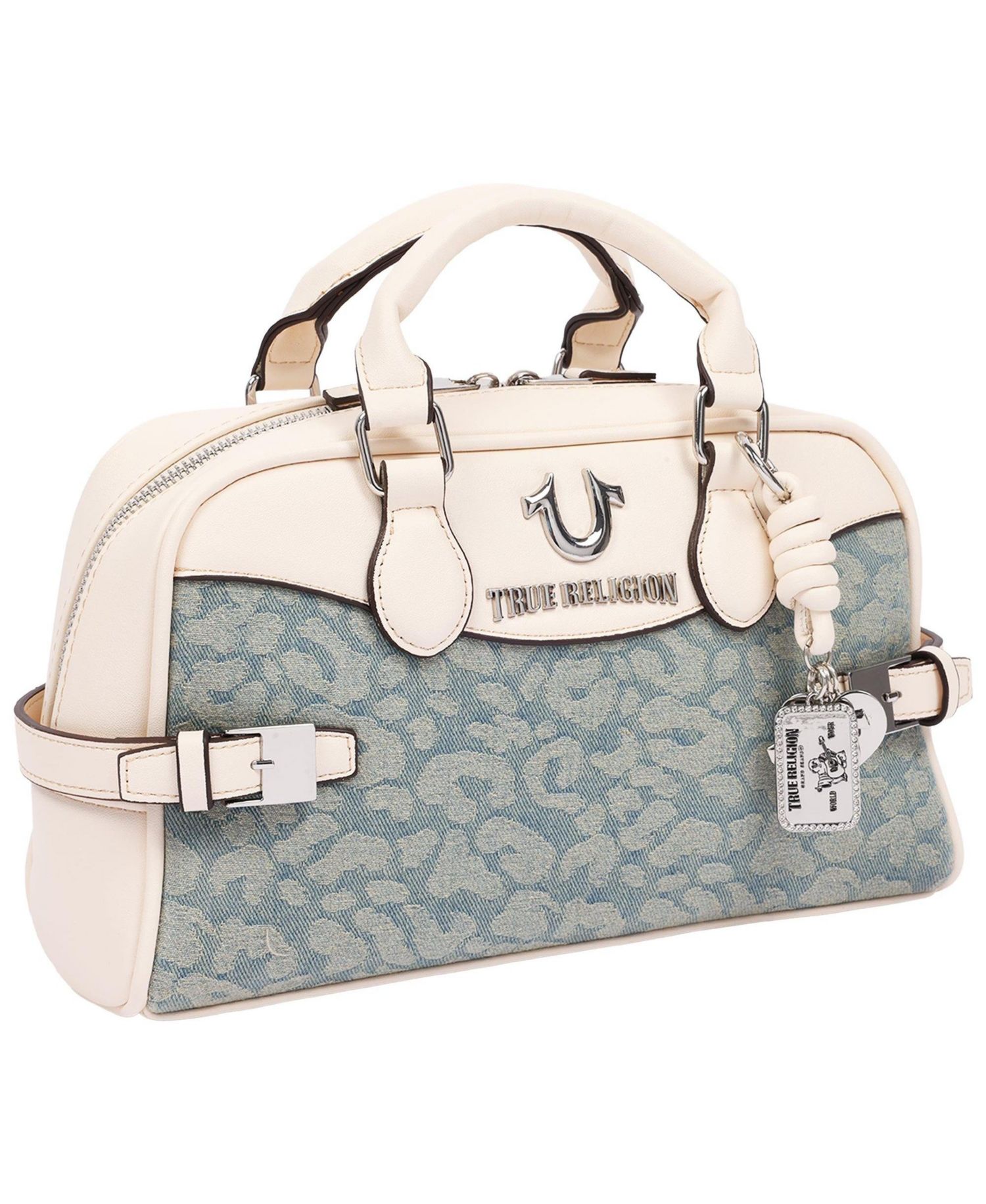 Brooks Leopard Denim Belted Satchel with Horseshoe Charm and Detachable Crossbody Strap