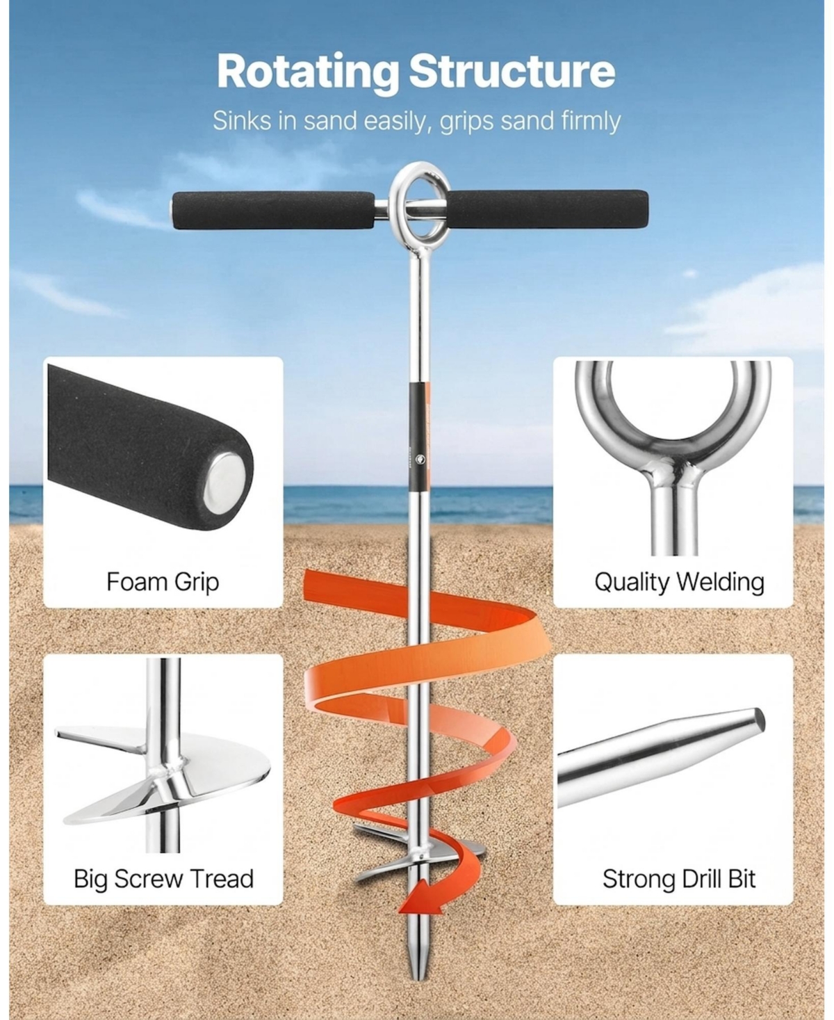 Sevorley Screw-In Sand Anchor, 18 in Stainless Steel Beach Auger Anchor with Spiral Blade and Bungee Rope