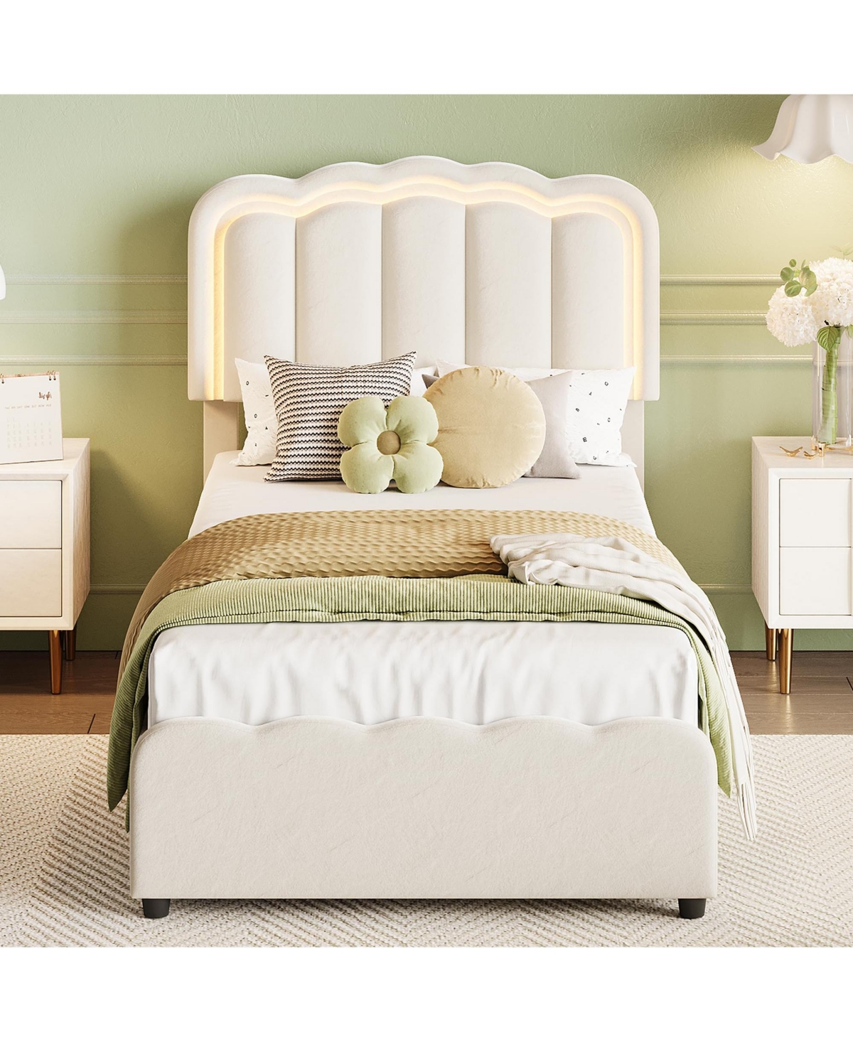 homfan Twin Size Upholstered Platform Bed Frame with Led Lights, Adjustable Headboard, 2 Storage Drawers, No Box Spring Needed, Easy Assembly