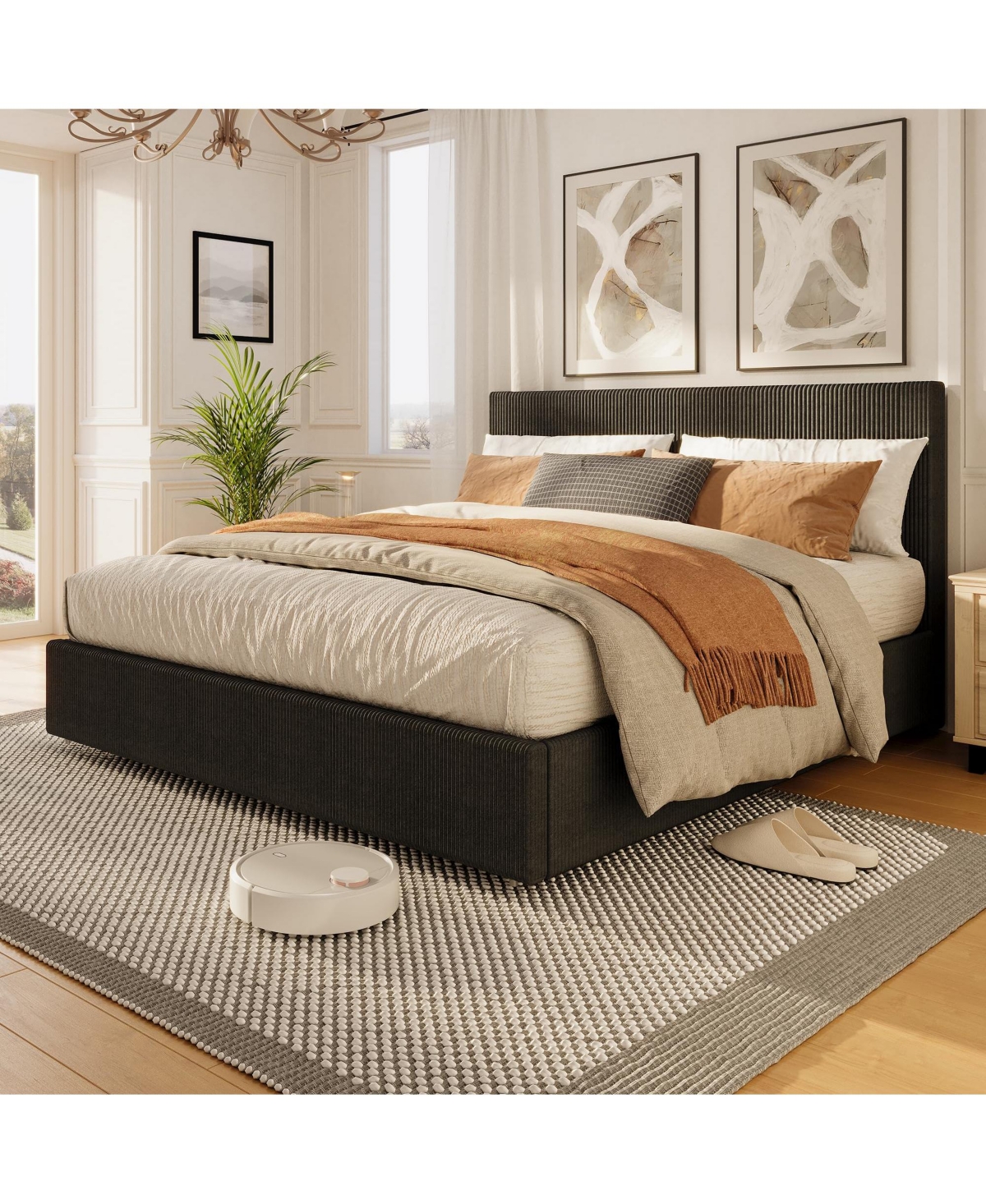 homfan Platform Bed Frame with 4 Storage Drawers, Corduroy Channel Tufted Headboard Bed Frame with Strong Wooden Slat Support, No Box Spring Needed