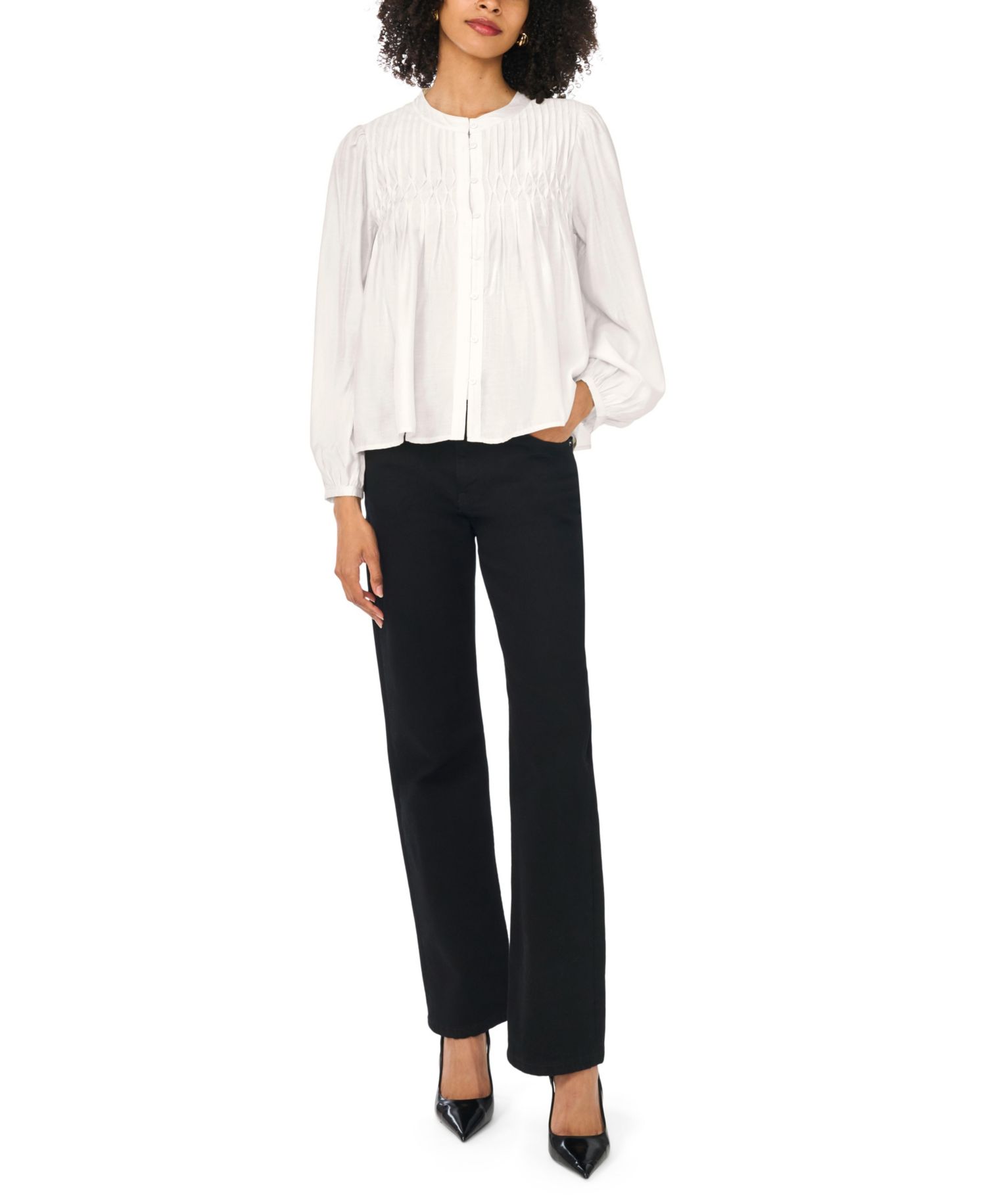 Women's Button-Front Long-Sleeve Crewneck Blouse