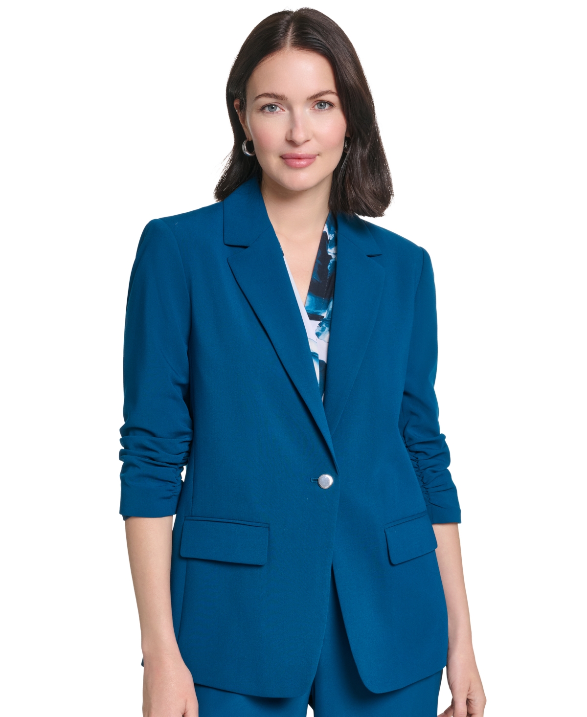 Calvin Klein Women's Ruched 3/4-Sleeve Notch Collar One-Button Jacket