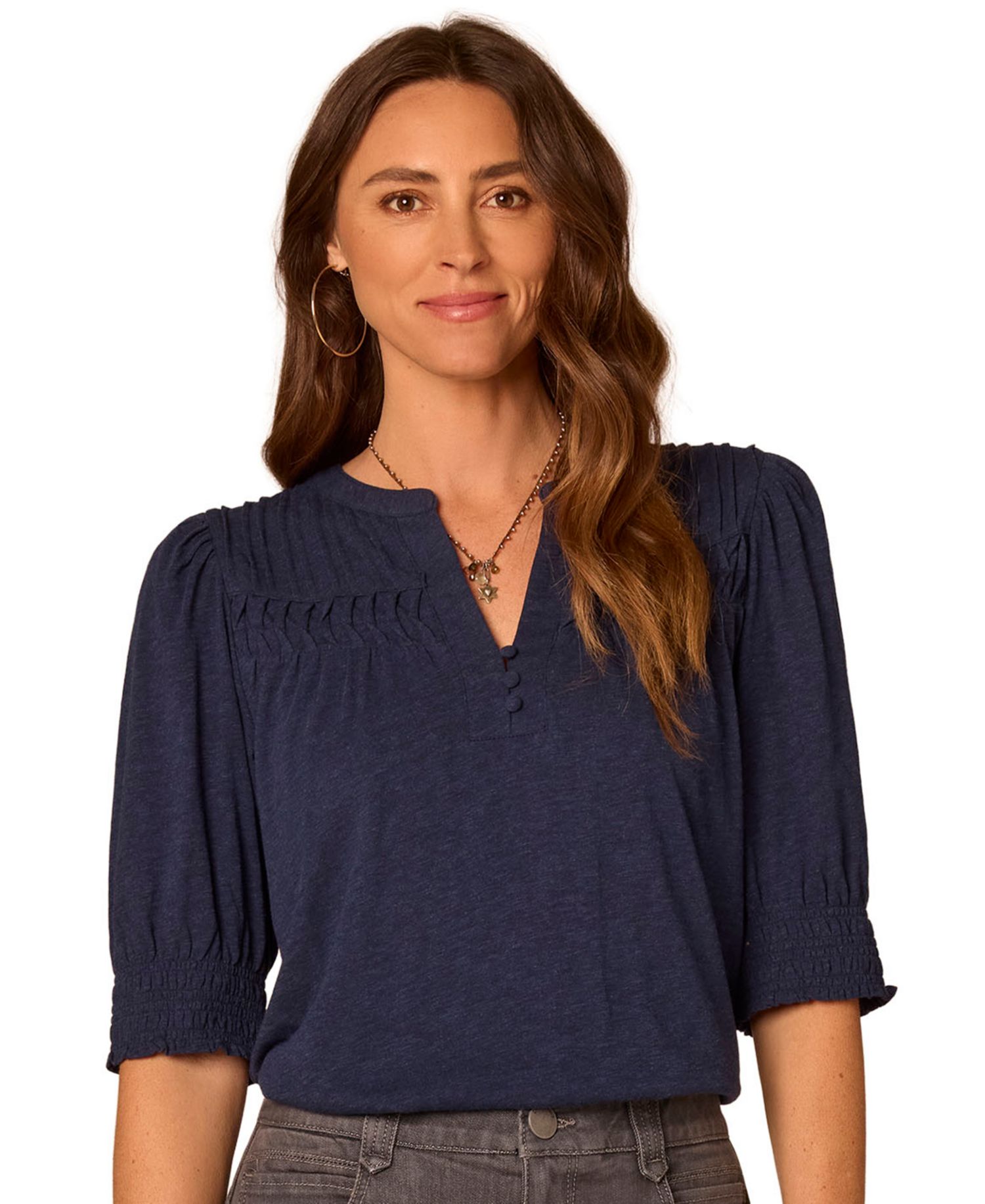 Petite Mandarin Collar Blouson-Sleeve Knit Top