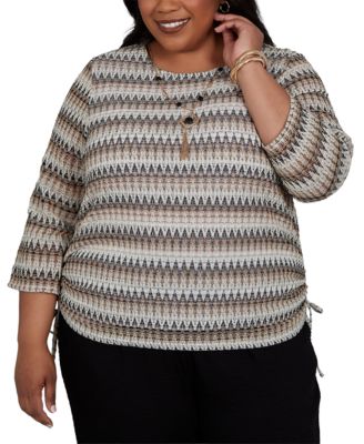 Plus Size Travel Advisory 3/4-Sleeve Textured Top with Necklace