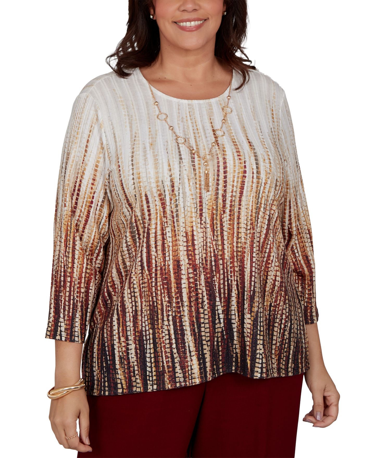 Женская блузка Alfred Dunner Plus Size Union Square Textured-Ombre 3/4 Sleeve, цвет: Рыжевато-коричневый разноцветный — фото 1