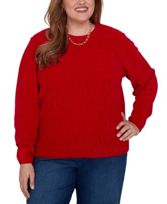 Plus Size Cable-Knit Chenille Crewneck Long-Sleeve Pullover Sweater