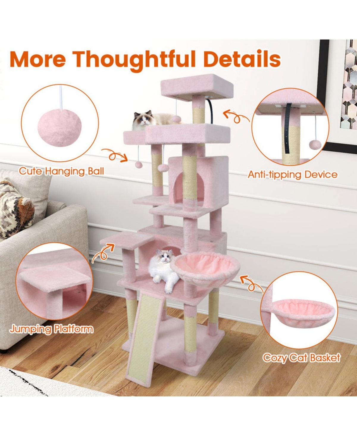 Hongge 65 Inch Cat Tree with 3 Upholstered Perches 2 Condos and Sisal Scratching Posts