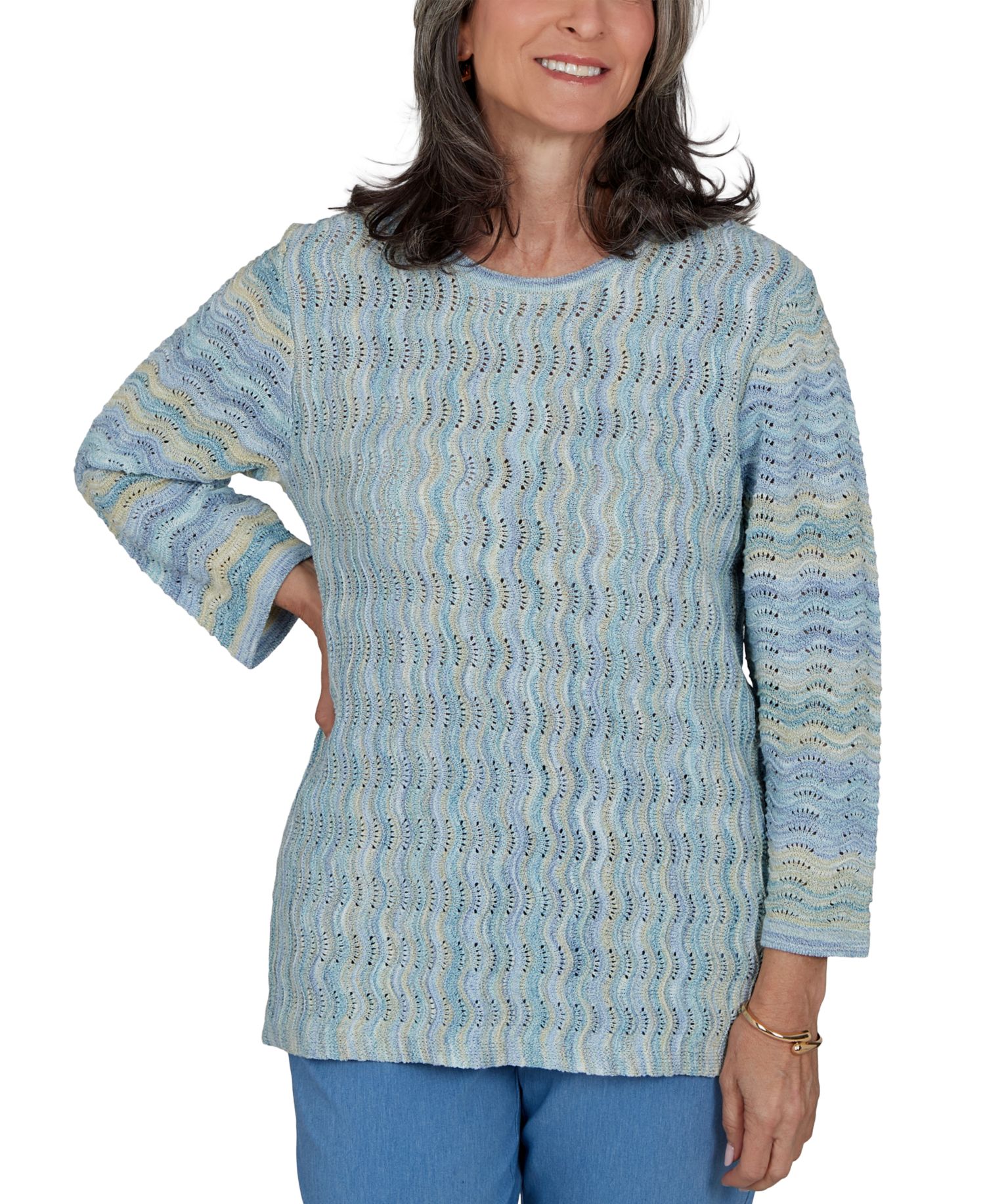 Petite Provence Scalloped-Striped Textured Crewneck Sweater