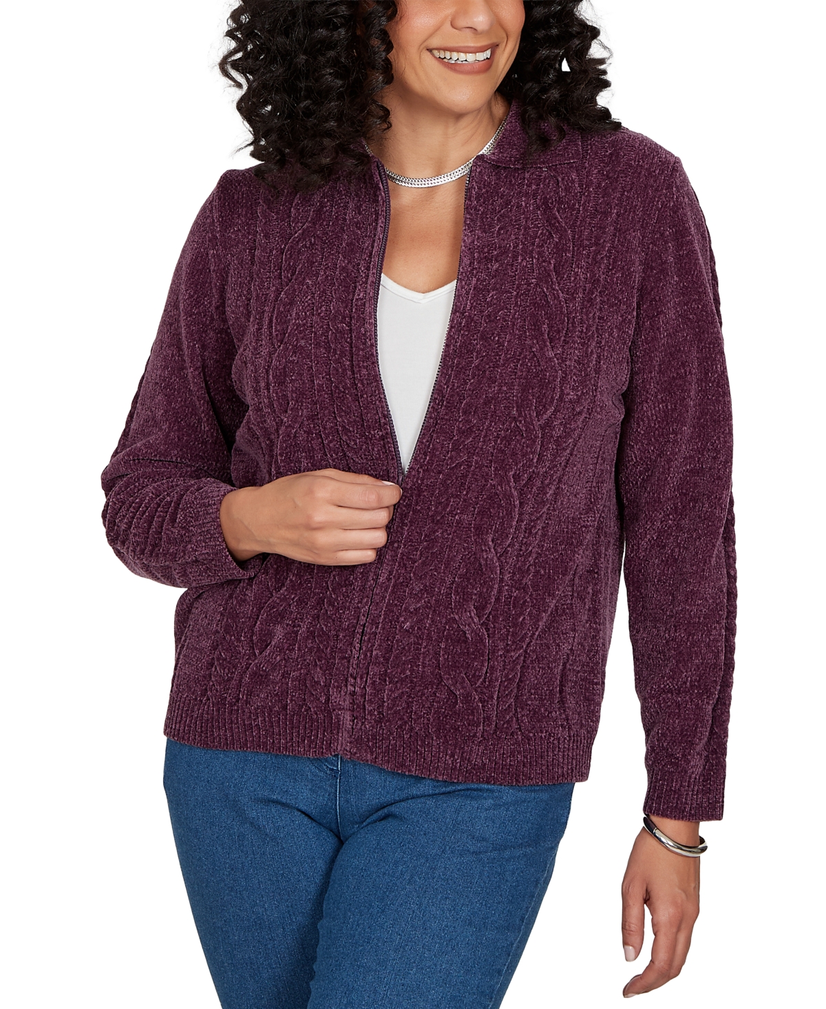 Alfred Dunner Petite Classic Cable Chenille Zip Cardigan Sweater